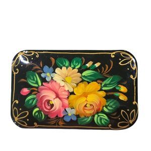 Vintage Hand Painted Floral Russian Lacquer Brooch Signed Rectangular Pin